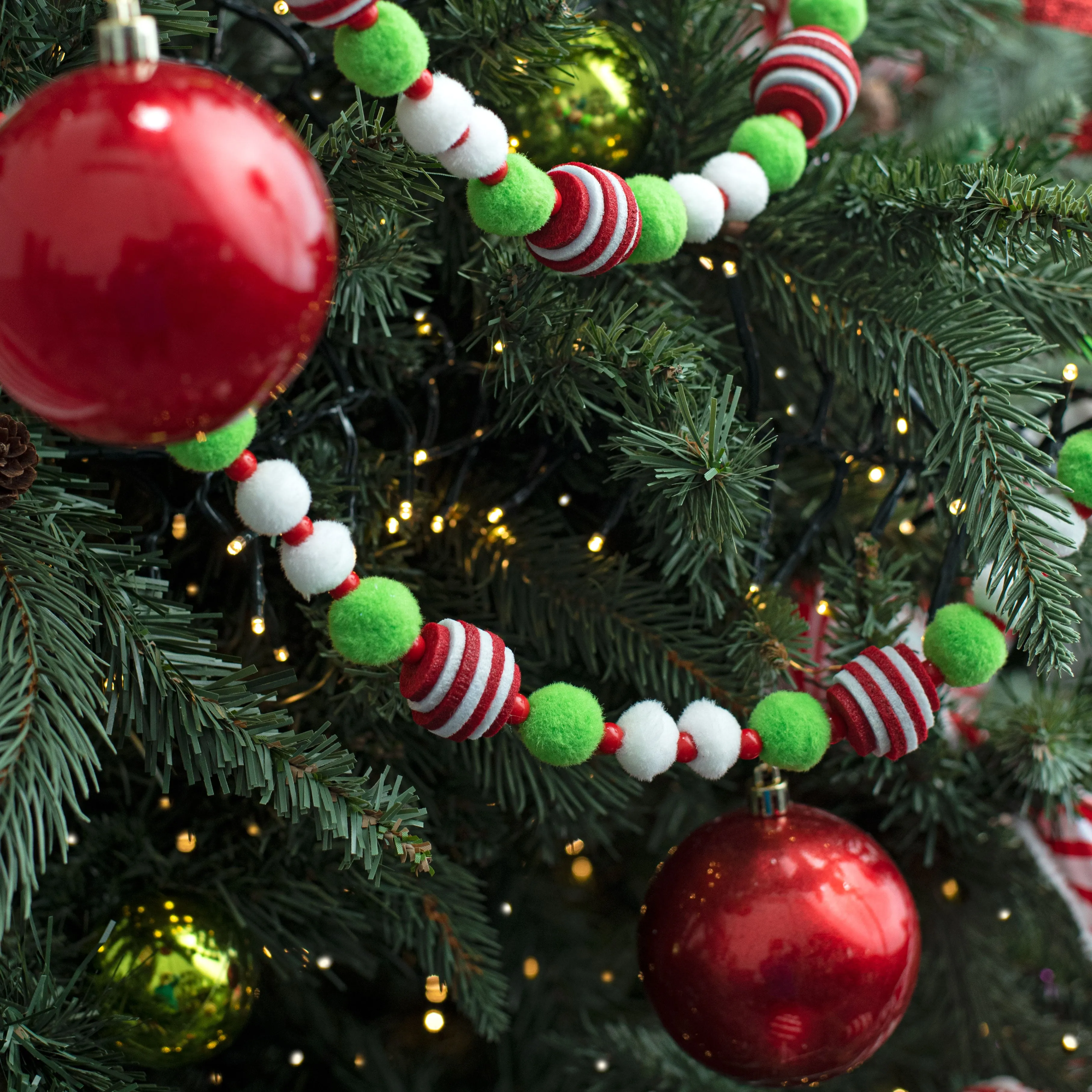 6" Yuletide Felt Stripe Ball Garland: Red, White, Green